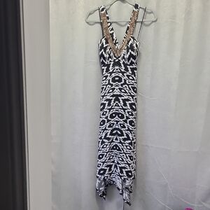 INC‎ Concepts Black White Patterned Dress with Gold Accents Sz Small
